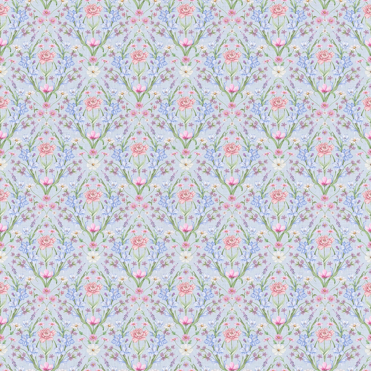 Wallpaper pattern of small pink and blue flowers on a light blue background.