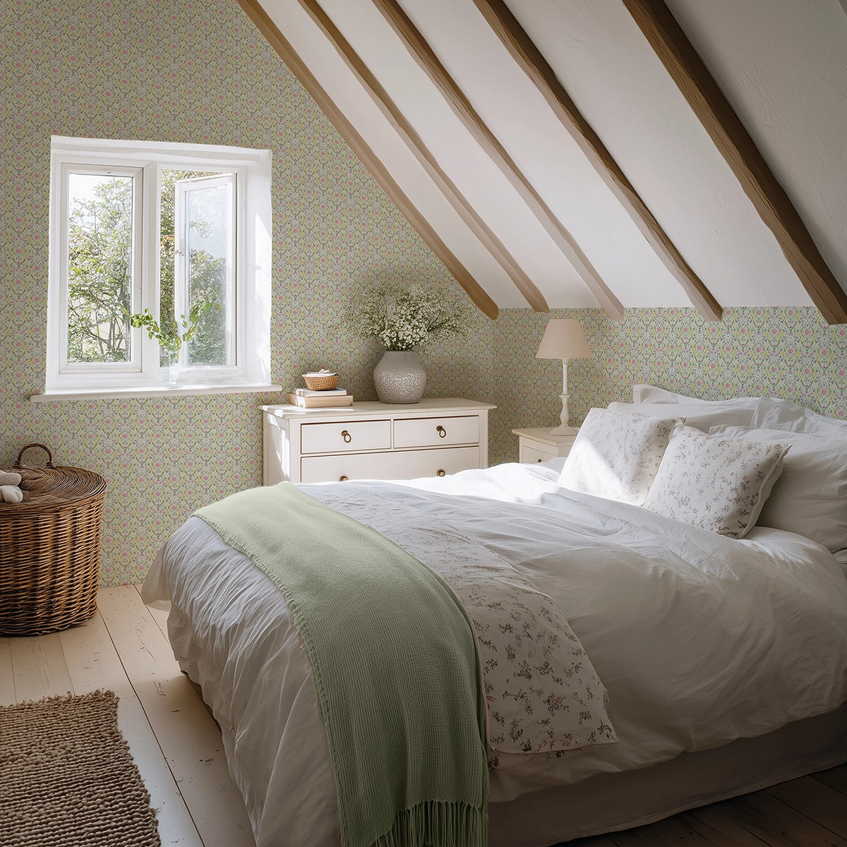 Miniature Maisie Wallpaper in Spring Hues on Sage