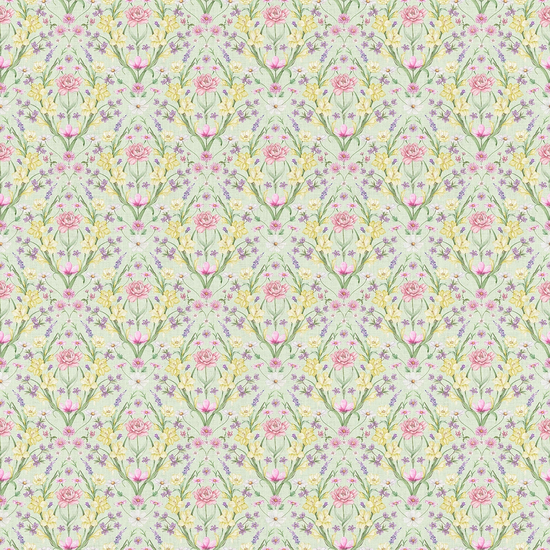 Miniature Maisie Wallpaper in Spring Hues on Sage