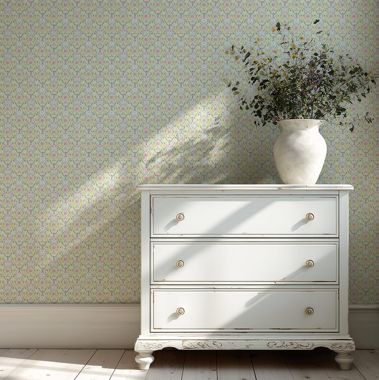 Miniature Maisie Wallpaper in Spring Hues on Sage