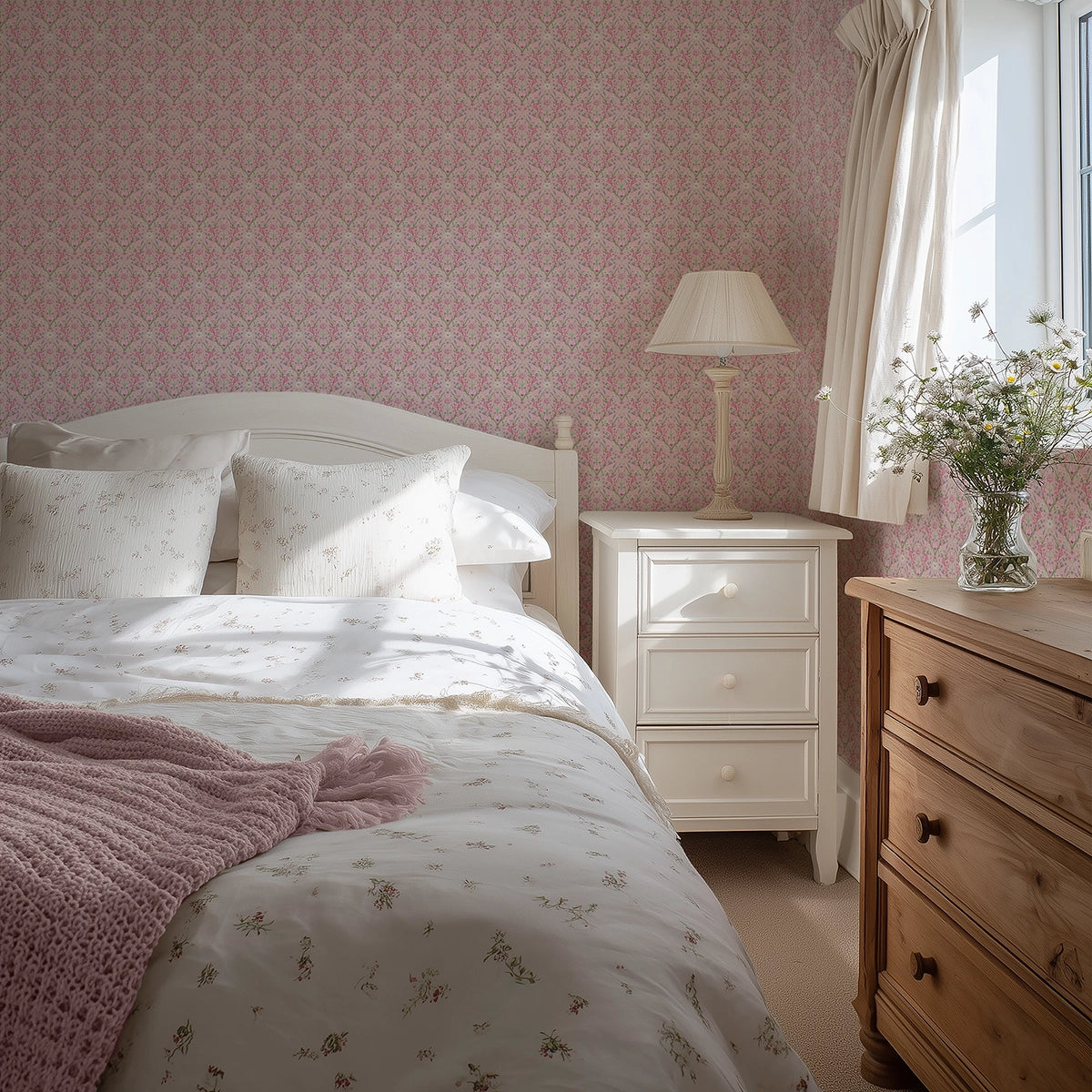 Cosy bedroom with pink floral wallpaper, a wooden dresser, and a white nightstand.