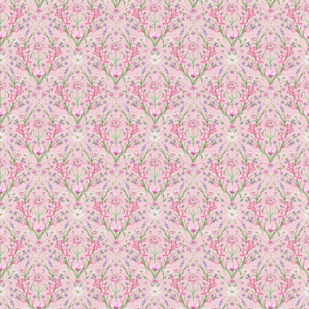 Wallpaper pattern with small, repeated pink florals on a pink background.