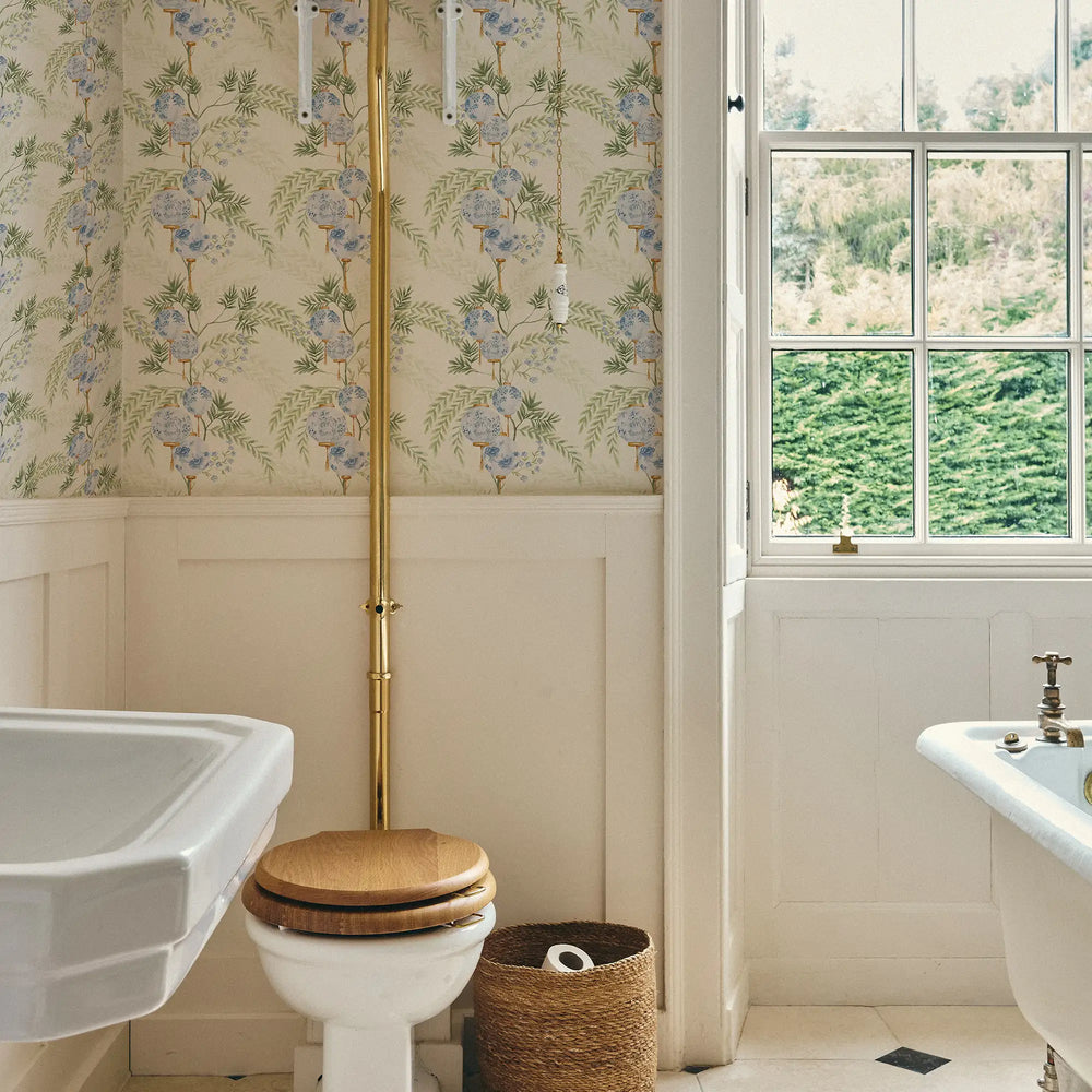 Miniature Palace Garden Wallpaper in Blue on Cream