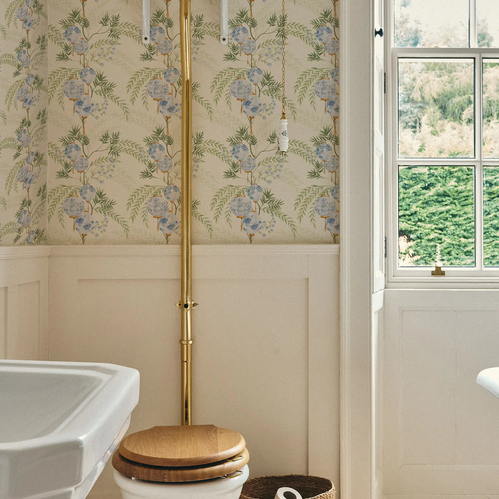 Miniature Palace Garden Wallpaper in Blue on Cream