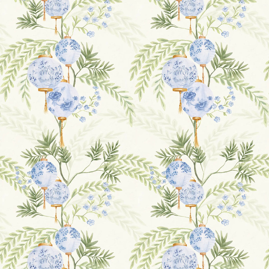 Miniature Palace Garden Wallpaper in Blue on Cream
