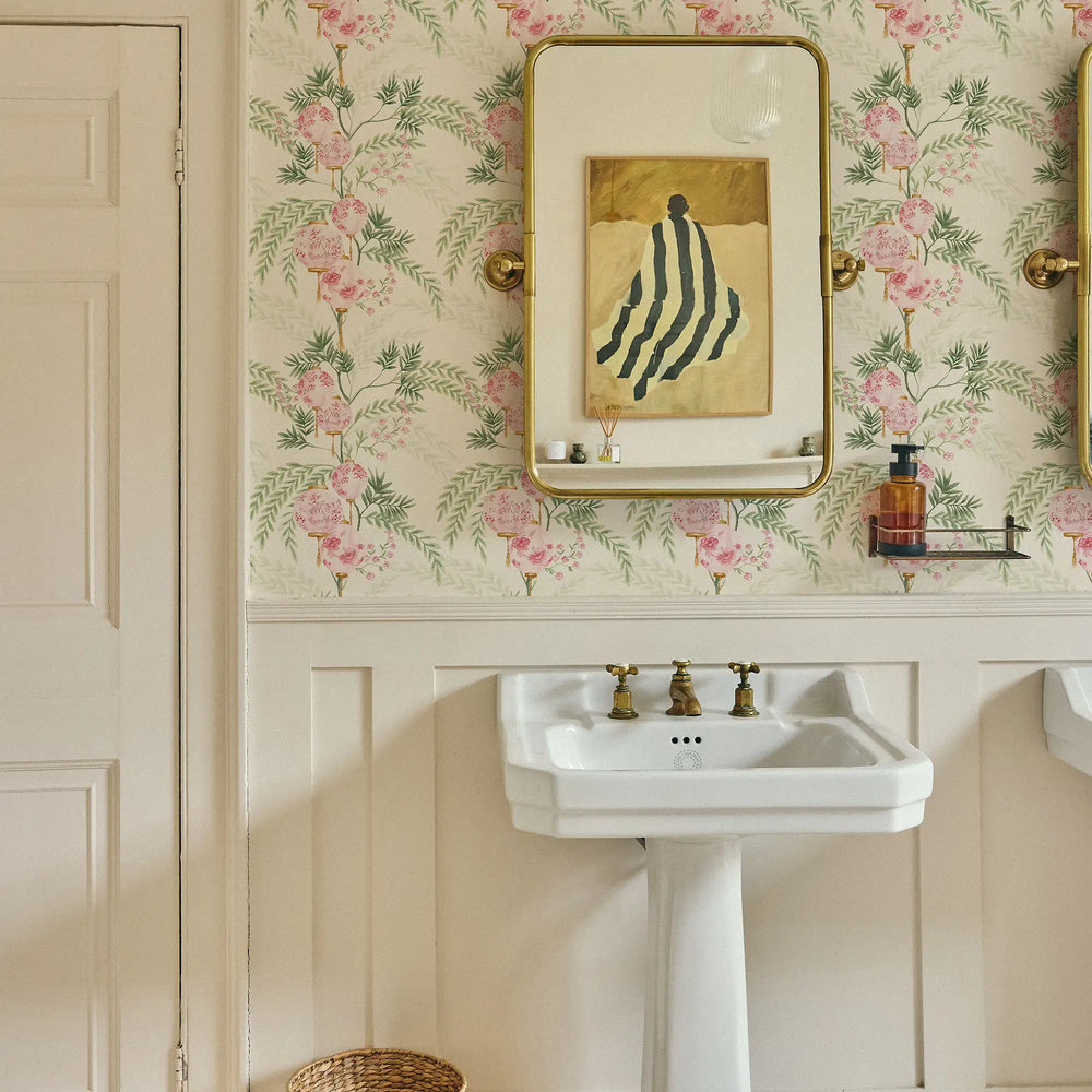 Miniature Palace Garden Wallpaper in Pink on Cream