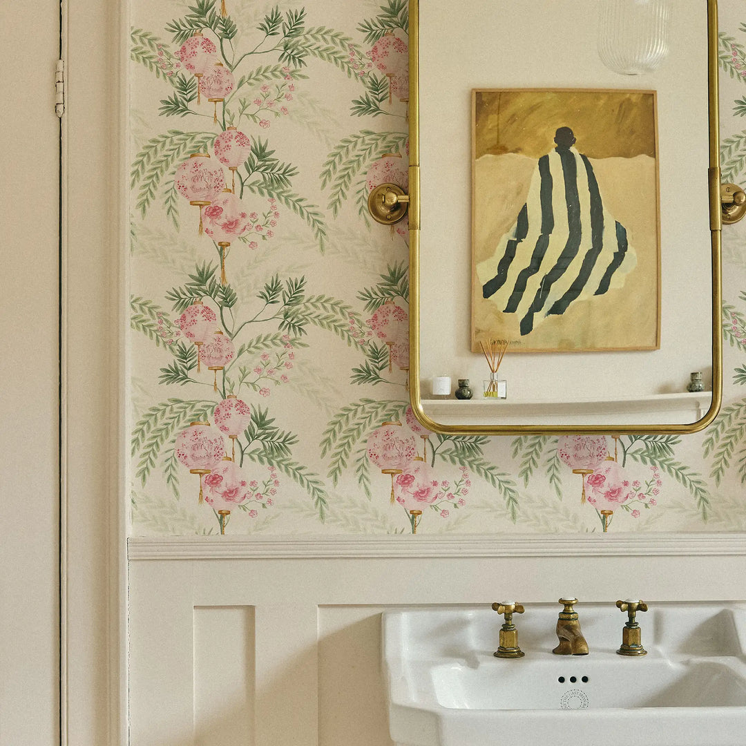 Miniature Palace Garden Wallpaper in Pink on Cream