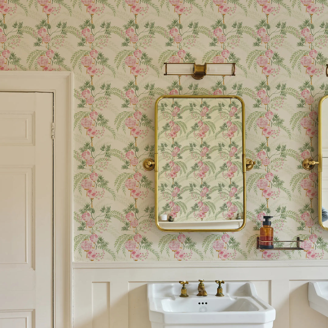 Miniature Palace Garden Wallpaper in Pink on Cream