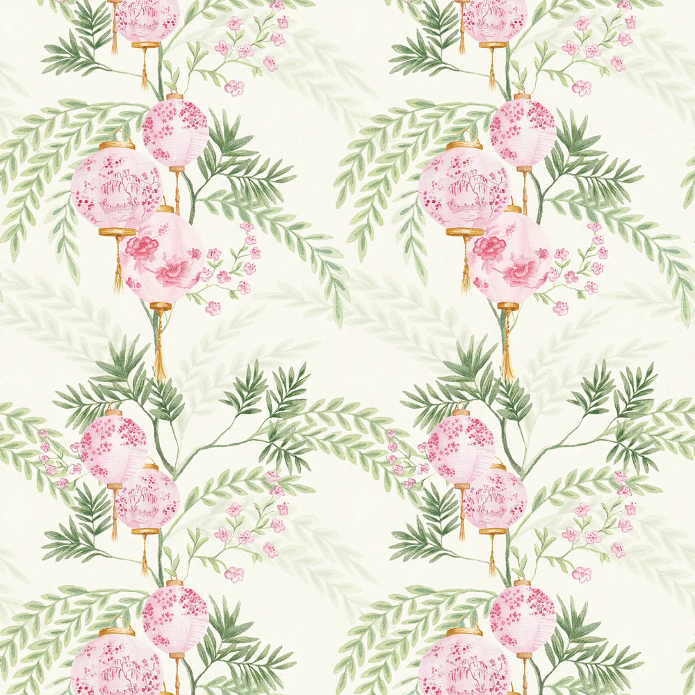 Miniature Palace Garden Wallpaper in Pink on Cream