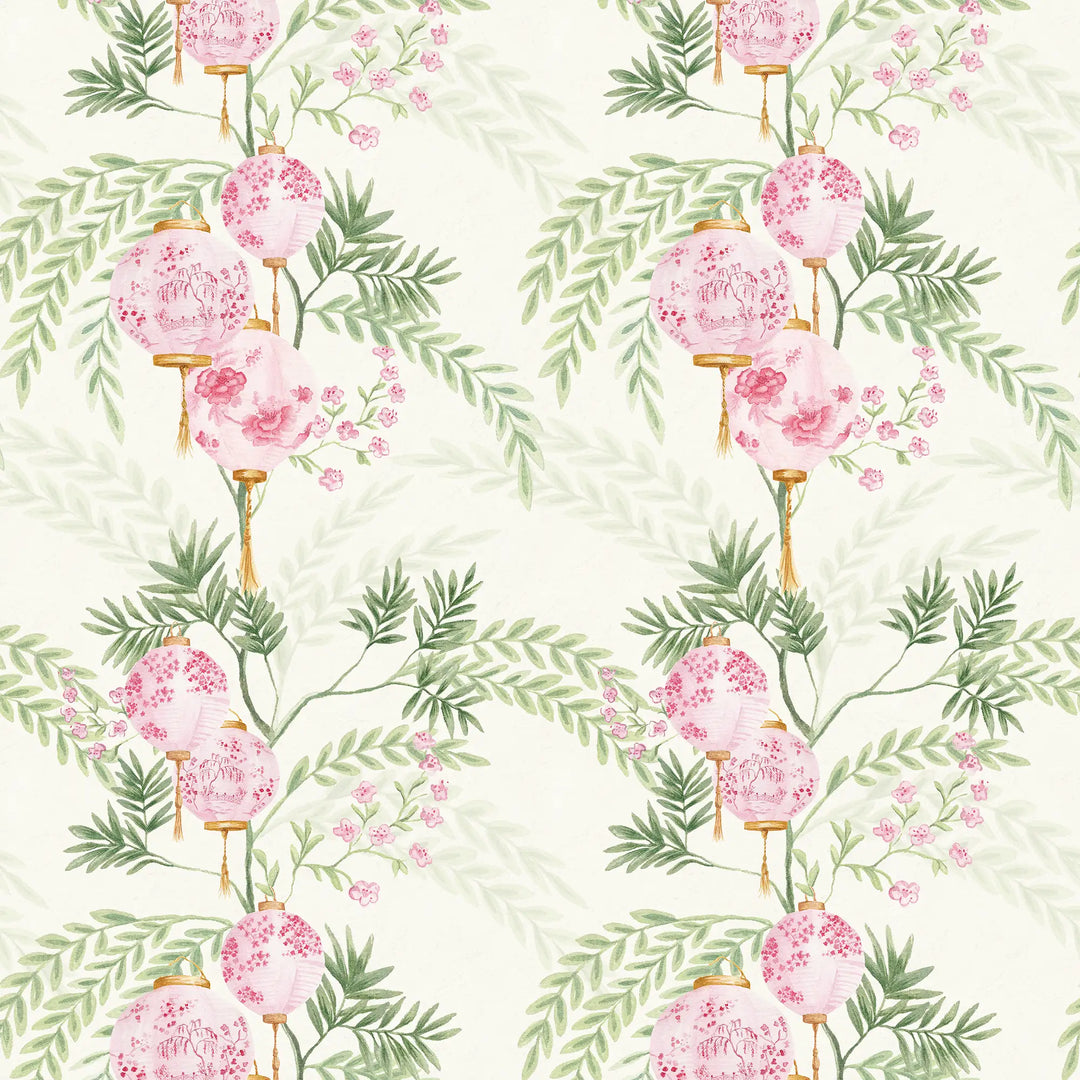 Miniature Palace Garden Wallpaper in Pink on Cream