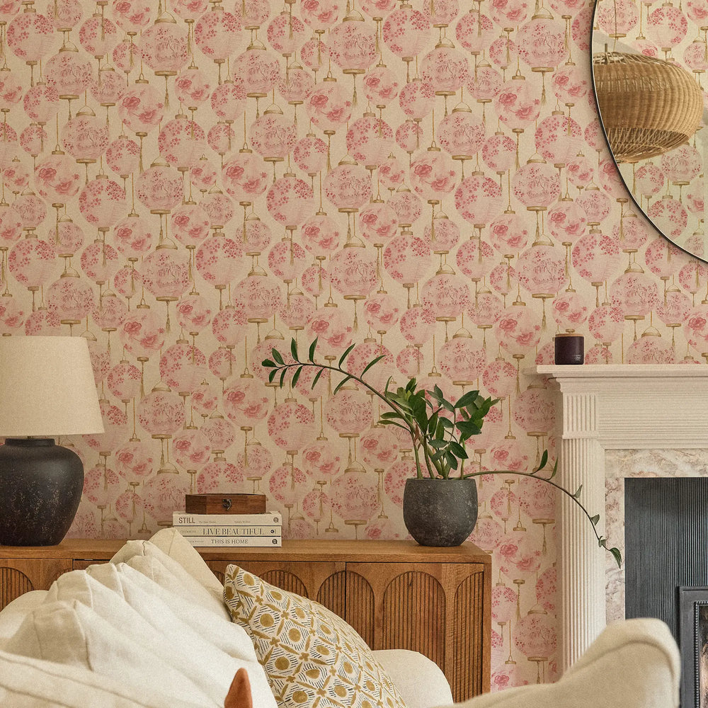 Miniature Silk Lantern Wallpaper in Blossom Pink