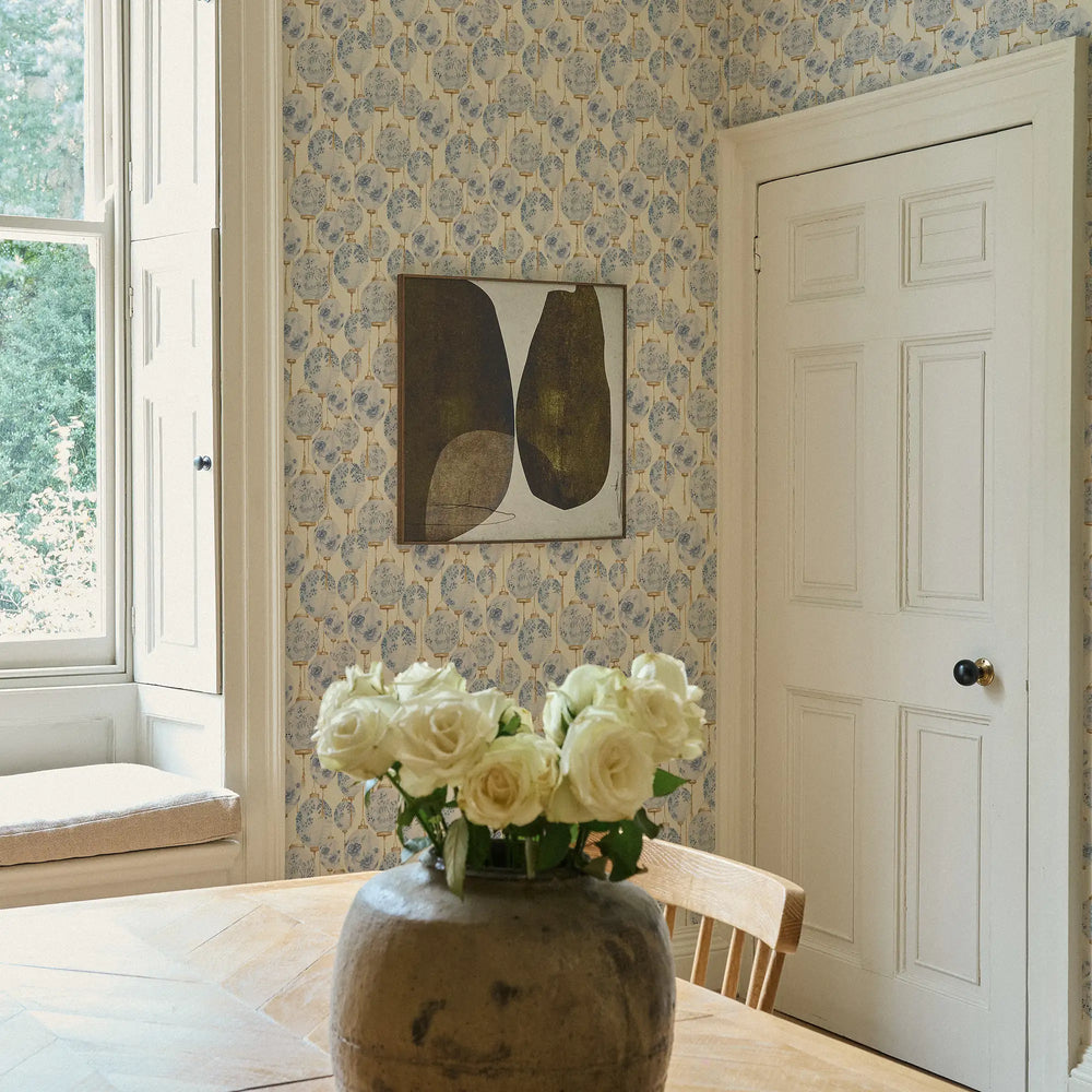 Miniature Silk Lantern Wallpaper in Blue