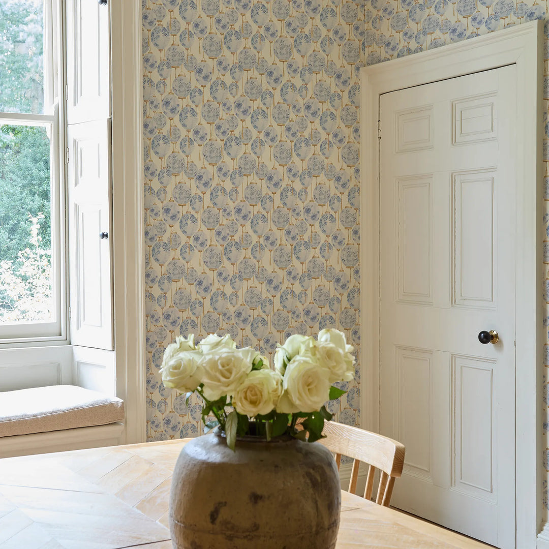 Miniature Silk Lantern Wallpaper in Blue