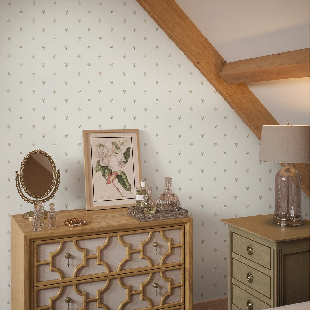 Miniature Tulip Bouquet Wallpaper in Orange and Yellow on Vintage Cream