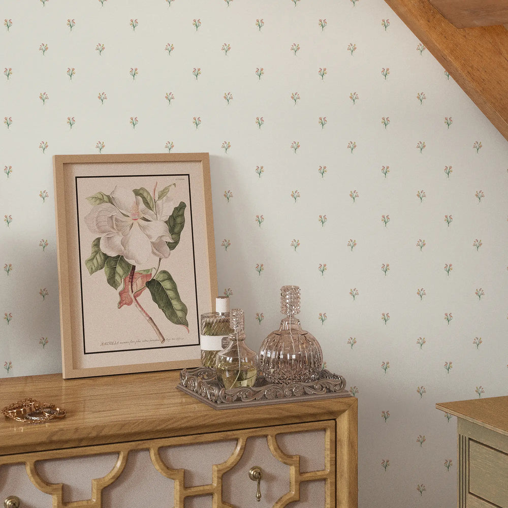 Miniature Tulip Bouquet Wallpaper in Orange and Yellow on Vintage Cream