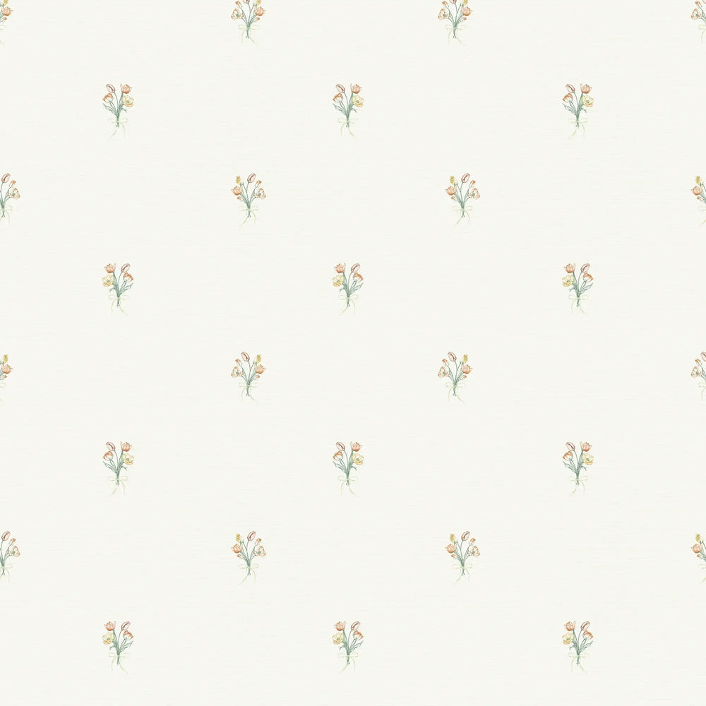 Miniature Tulip Bouquet Wallpaper in Orange and Yellow on Vintage Cream