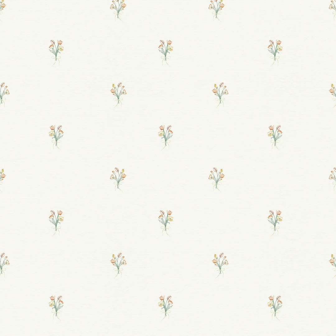 Miniature Tulip Bouquet Wallpaper in Orange and Yellow on Vintage Cream