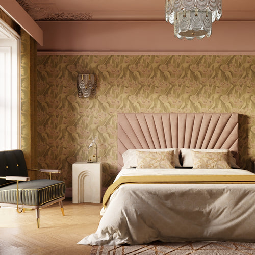 Monet Wallpaper in Olive and Dusty Pink on Ochre