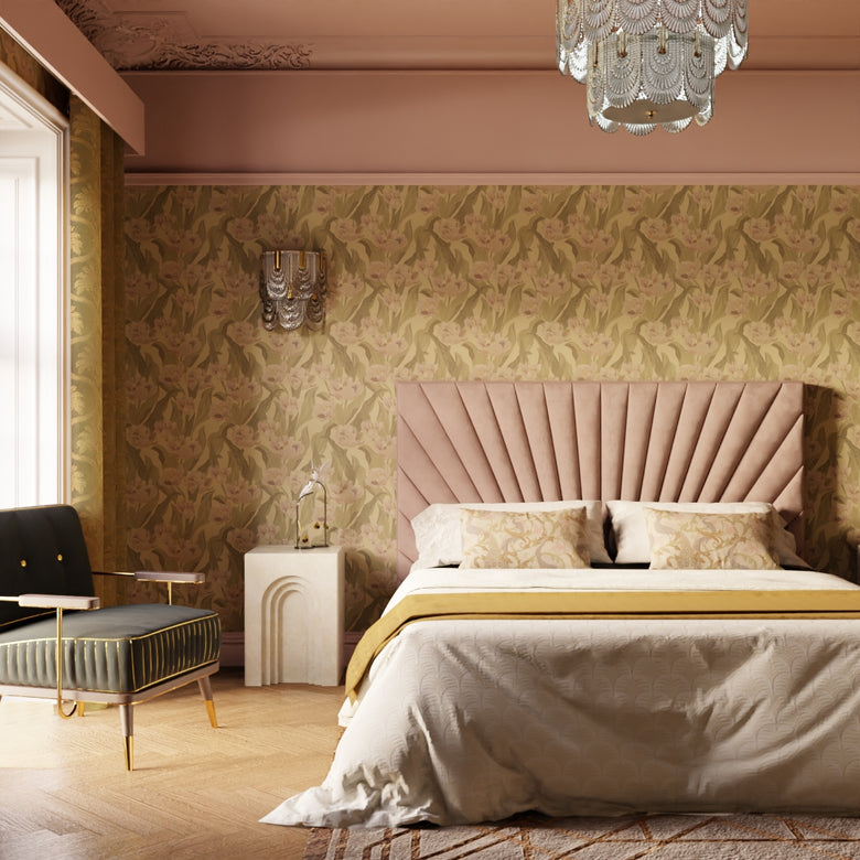 Monet Wallpaper in Olive and Dusty Pink on Ochre