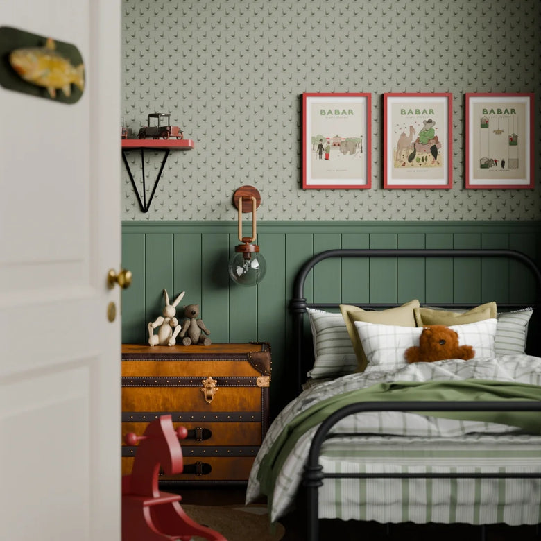 Mother Goose Wallpaper in Gentleman Green and Warm Grey