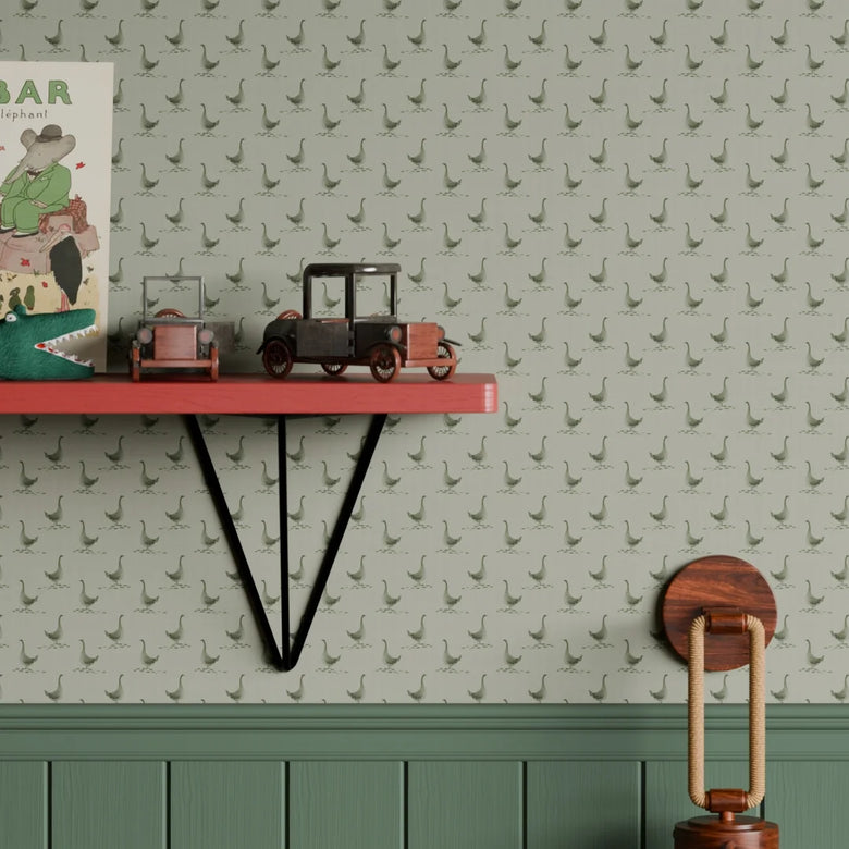 Mother Goose Wallpaper in Gentleman Green and Warm Grey