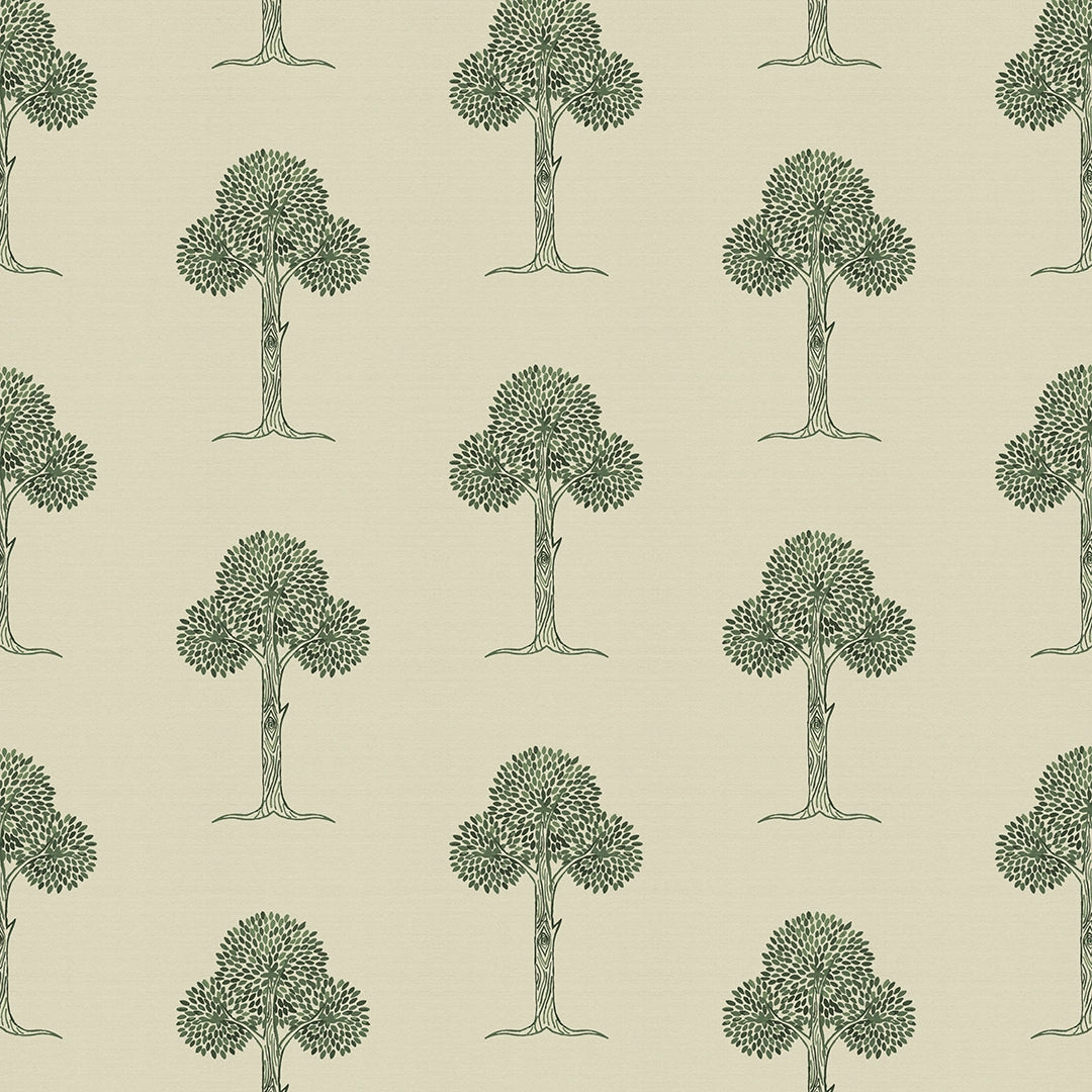 Sample of Mulberry Tree Wallpaper in Shades of Green on Sand