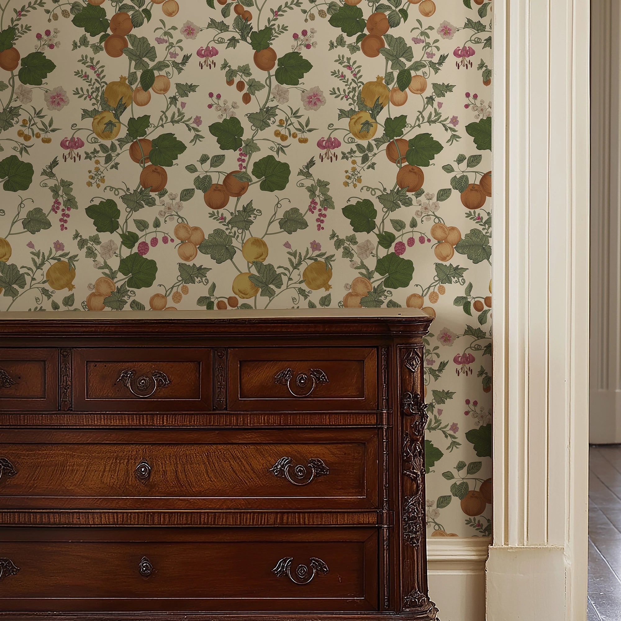 Forgotten Fruit Wallpaper in Persimmon and Ochre on Buttermilk Cream