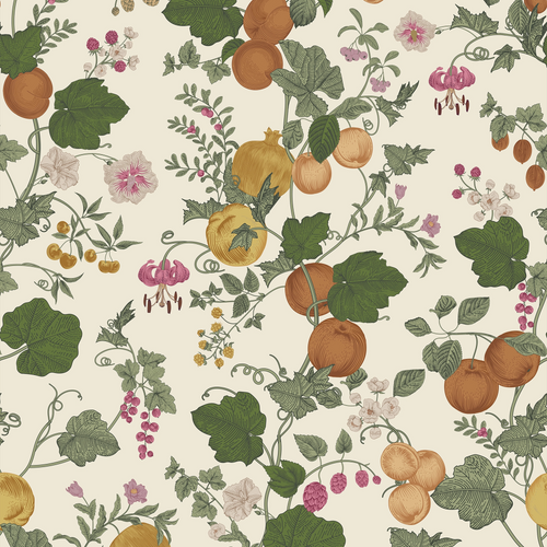Sample of Forgotten Fruit Wallpaper in Persimmon and Ochre on Buttermilk Cream