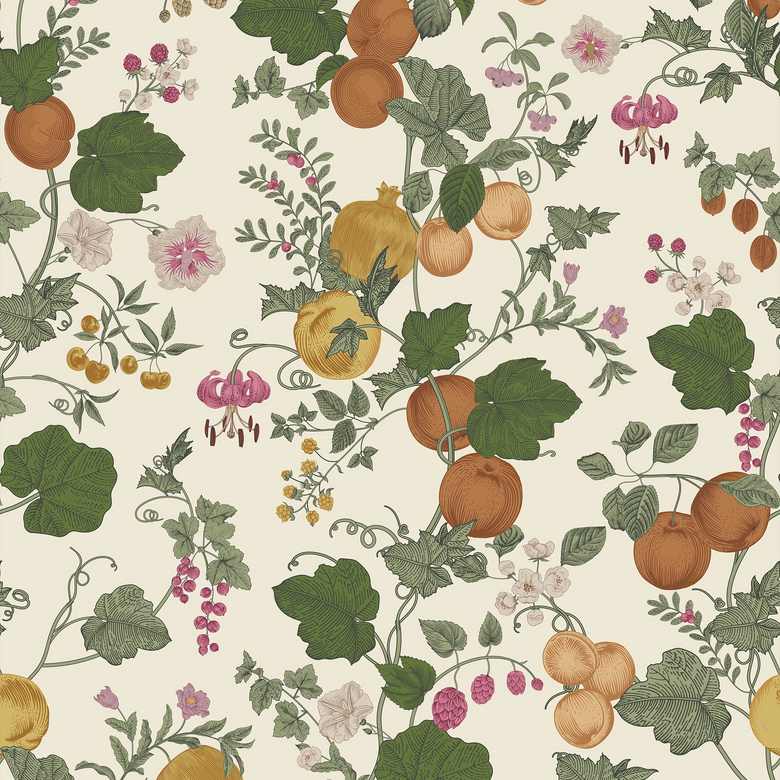 Sample of Forgotten Fruit Wallpaper in Persimmon and Ochre on Buttermilk Cream