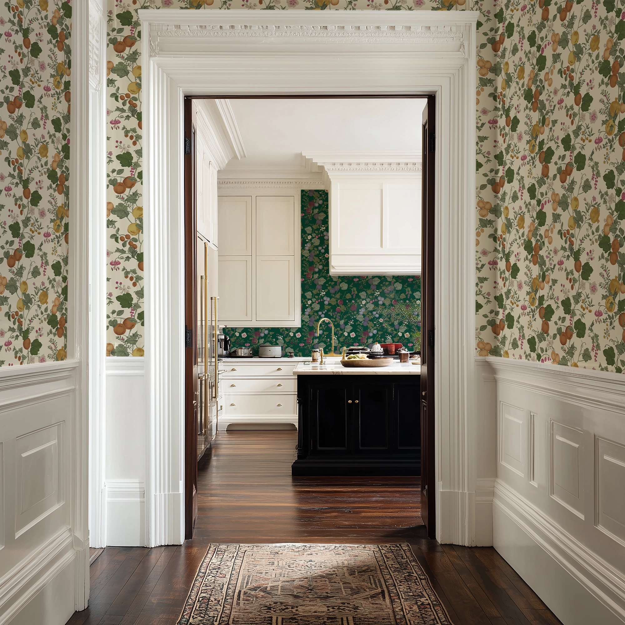 Forgotten Fruit Wallpaper in Persimmon and Ochre on Buttermilk Cream