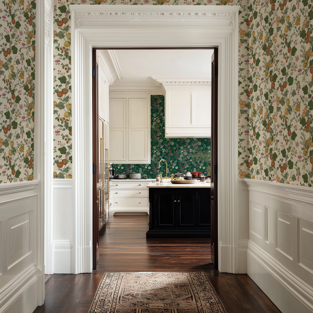 Forgotten Fruit Wallpaper in Persimmon and Ochre on Buttermilk Cream