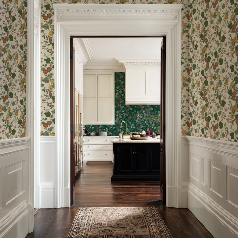 Forgotten Fruit Wallpaper in Persimmon and Ochre on Buttermilk Cream