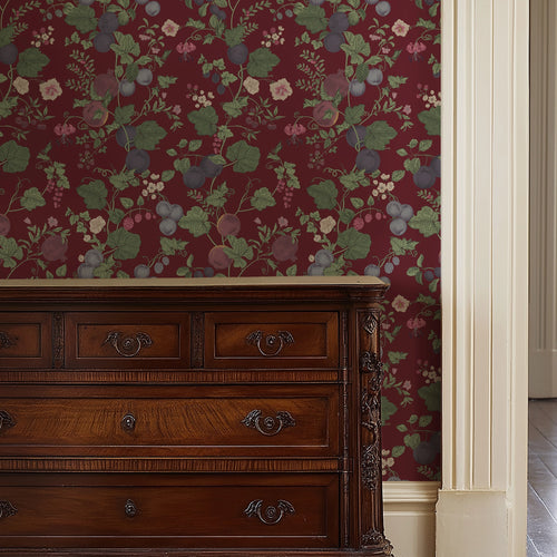 Forgotten Fruit Wallpaper in Wild Plum and Lavender on Berry Red