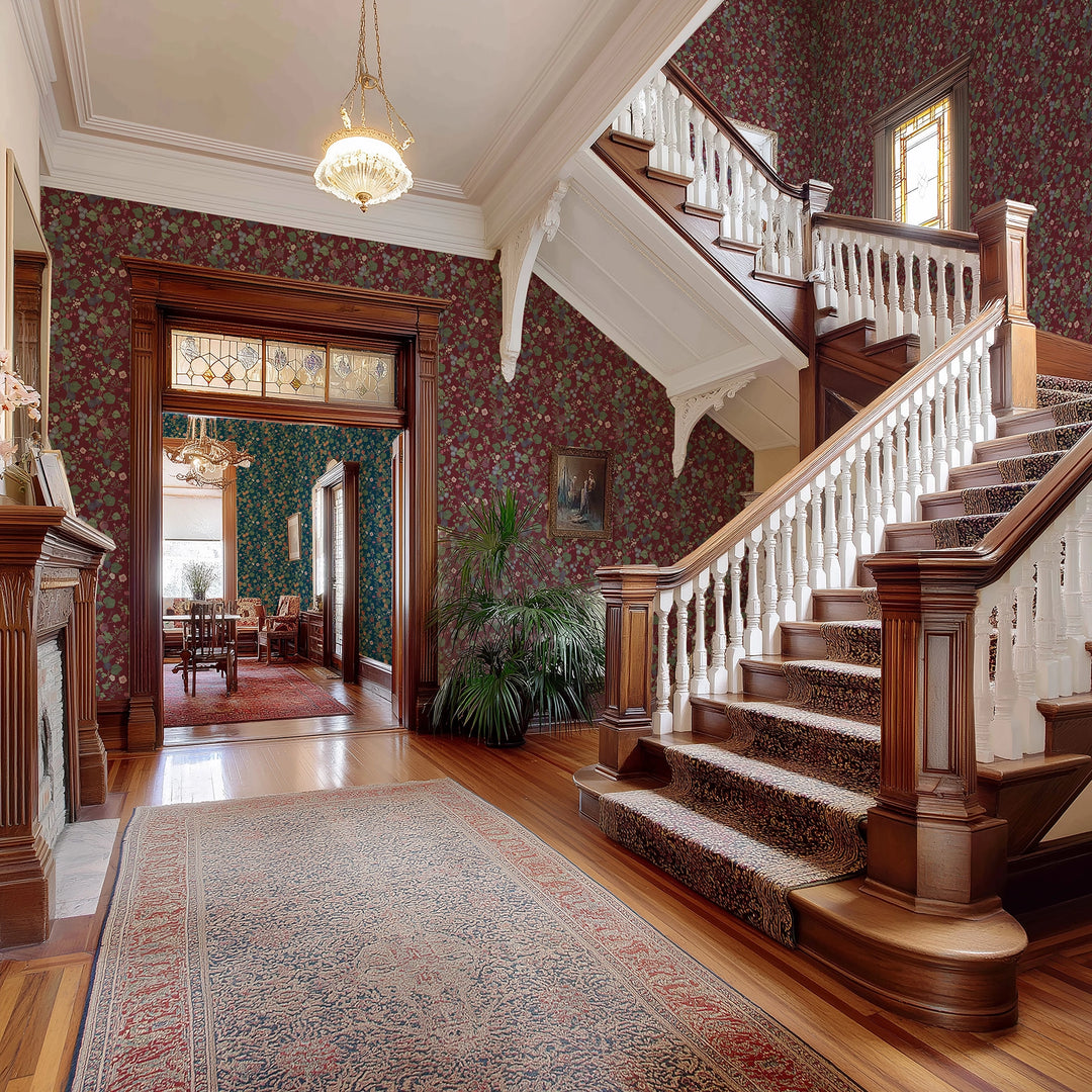 Forgotten Fruit Wallpaper in Wild Plum and Lavender on Berry Red