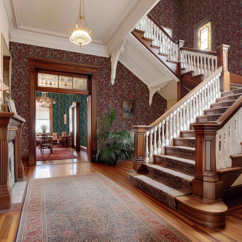 Forgotten Fruit Wallpaper in Wild Plum and Lavender on Berry Red