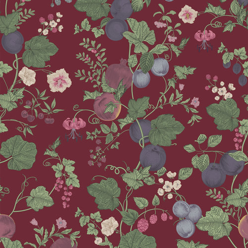 Forgotten Fruit Wallpaper in Wild Plum and Lavender on Berry Red