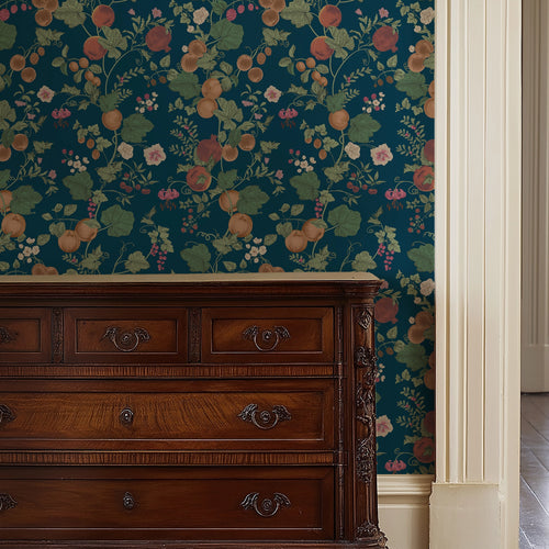 Forgotten Fruit Wallpaper in Pomegranate and Ochre on Petrol Blue