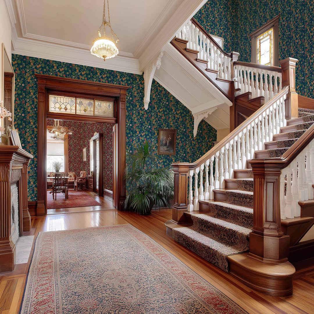 Forgotten Fruit Wallpaper in Pomegranate and Ochre on Petrol Blue