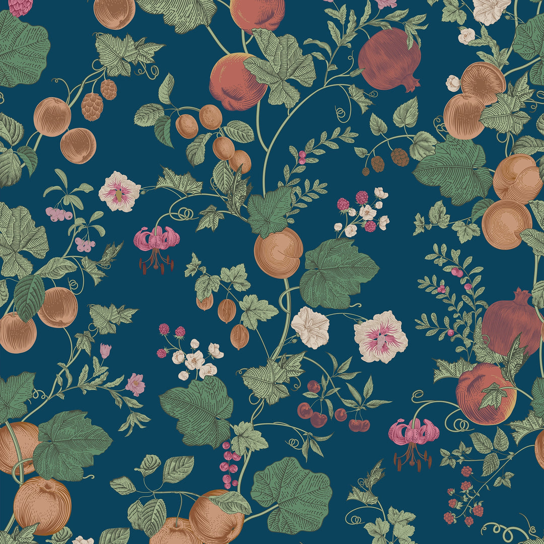 Forgotten Fruit Wallpaper in Pomegranate and Ochre on Petrol Blue