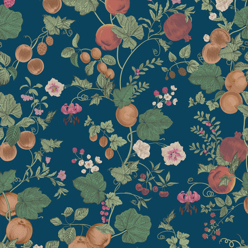 Forgotten Fruit Wallpaper in Pomegranate and Ochre on Petrol Blue