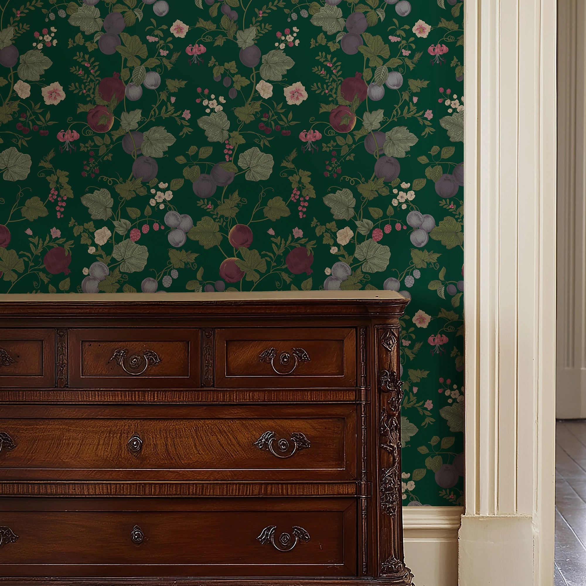 Forgotten Fruit Wallpaper in Wild Plum and Lavender on Verdant Green