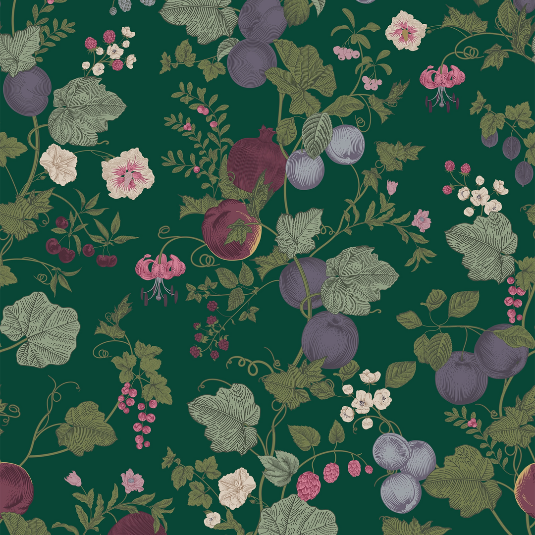 Forgotten Fruit Wallpaper in Wild Plum and Lavender on Verdant Green