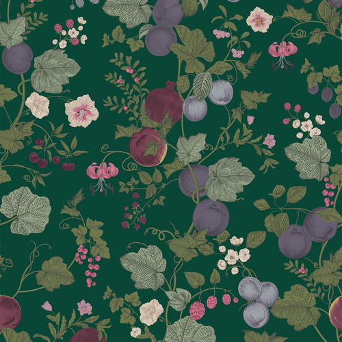 Forgotten Fruit Wallpaper in Wild Plum and Lavender on Verdant Green