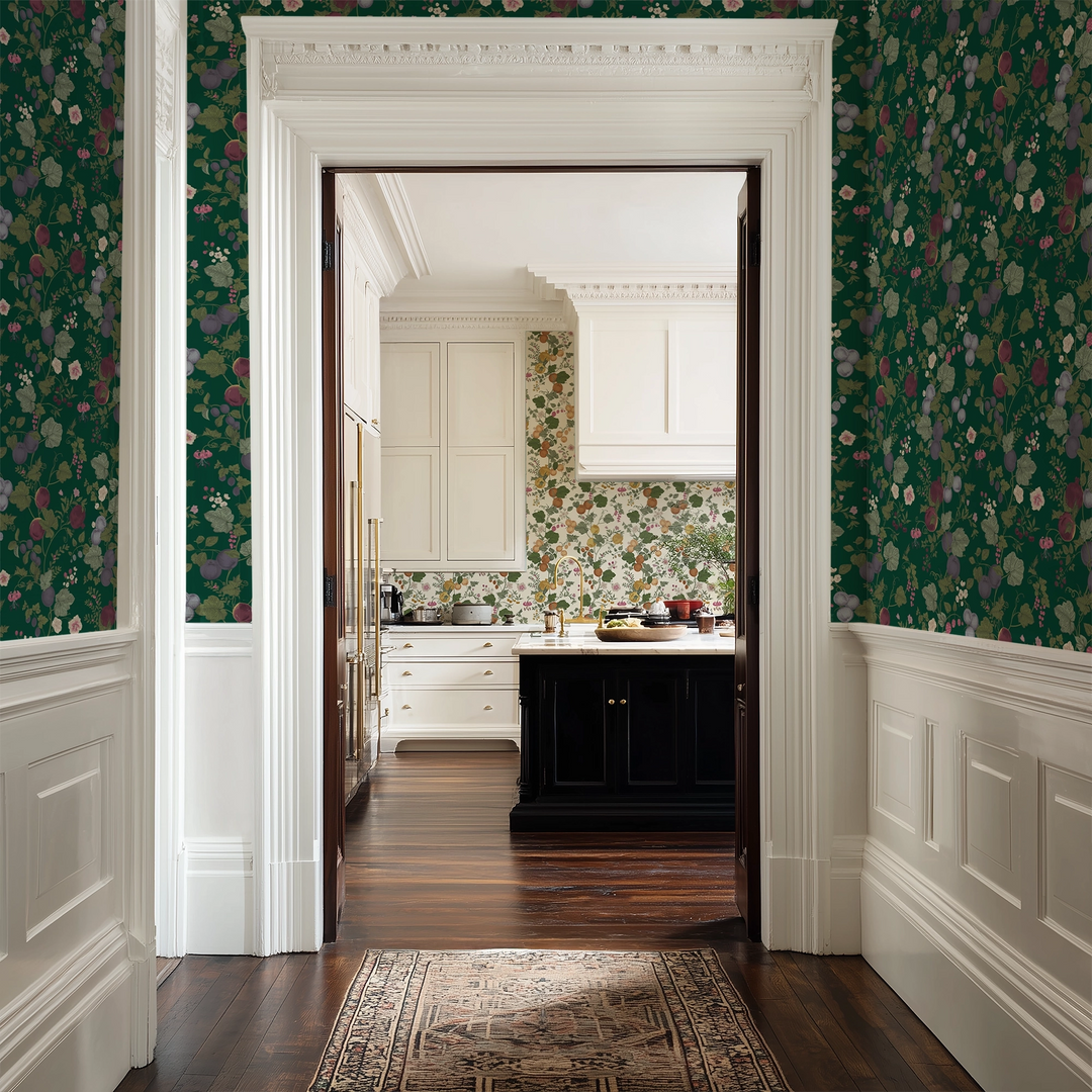 Forgotten Fruit Wallpaper in Wild Plum and Lavender on Verdant Green