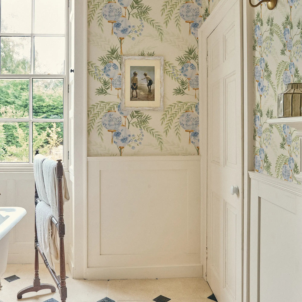 Palace Garden Wallpaper in Blue on Cream