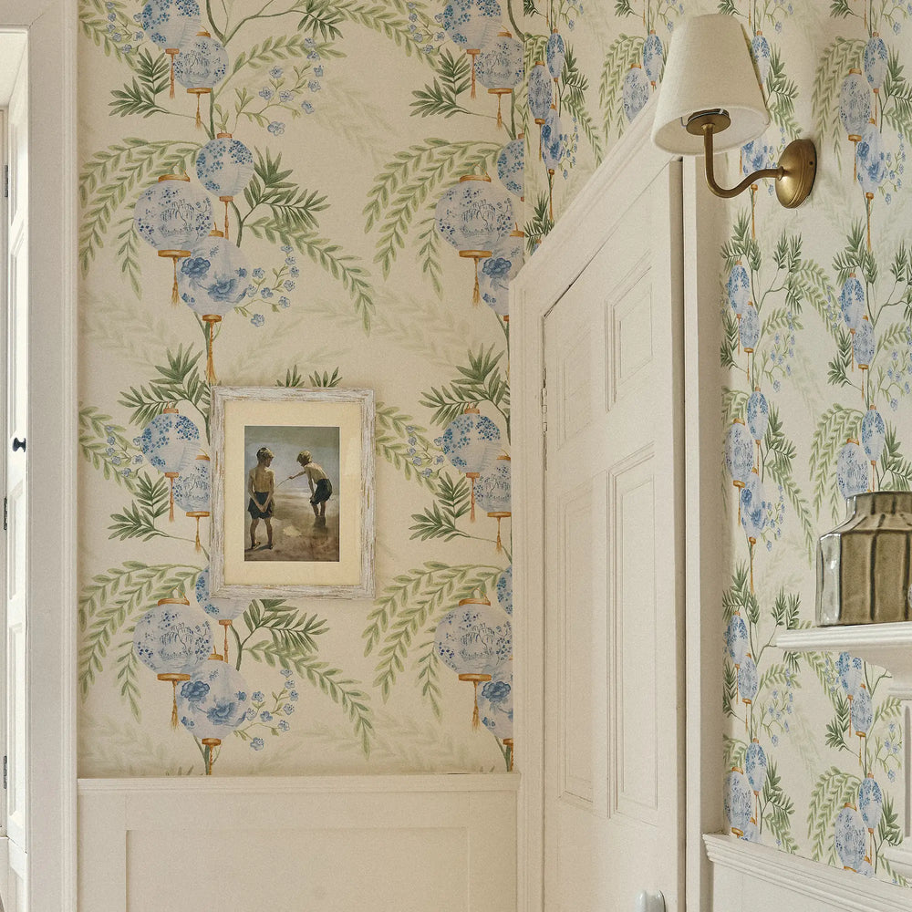 Palace Garden Wallpaper in Blue on Cream