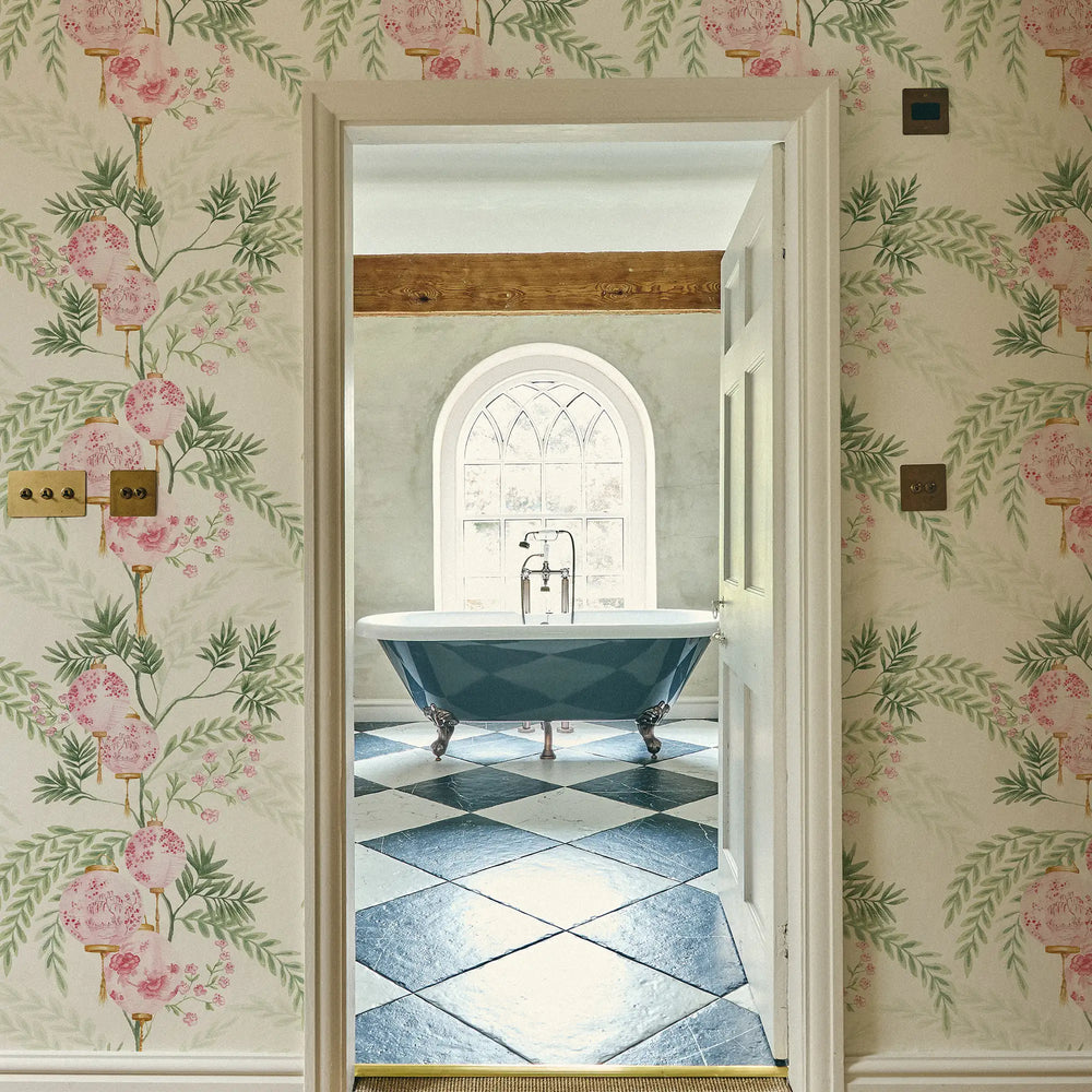 Palace Garden Wallpaper in Pink on Cream