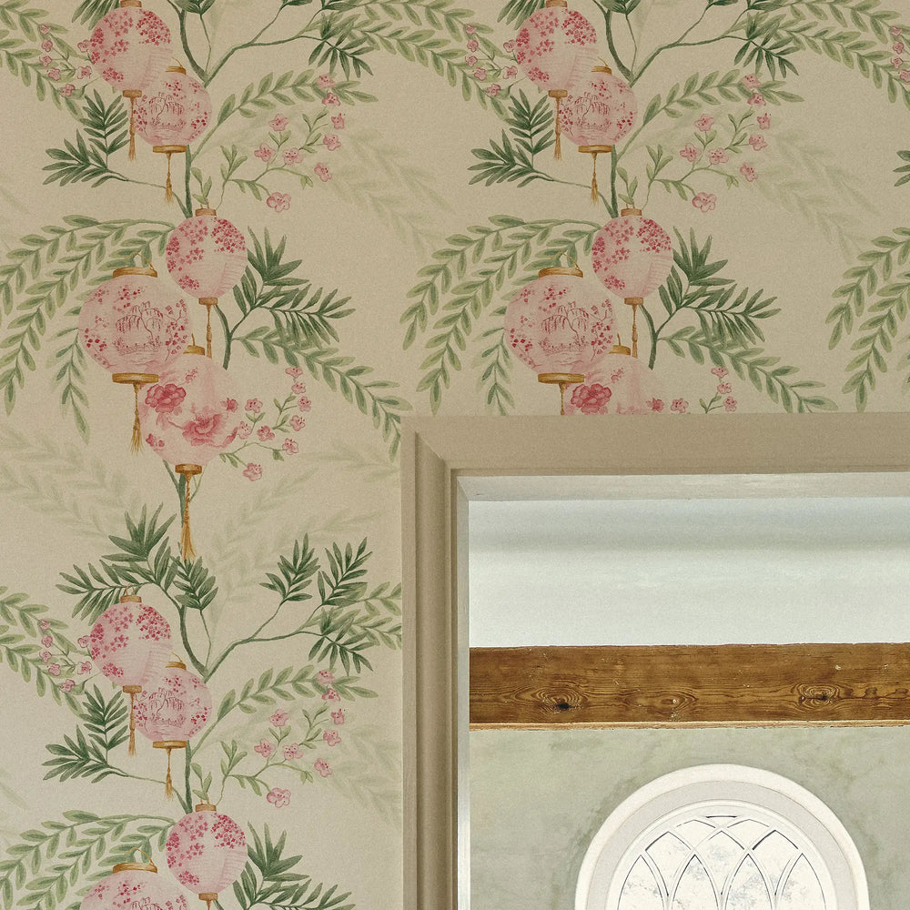 Palace Garden Wallpaper in Pink on Cream