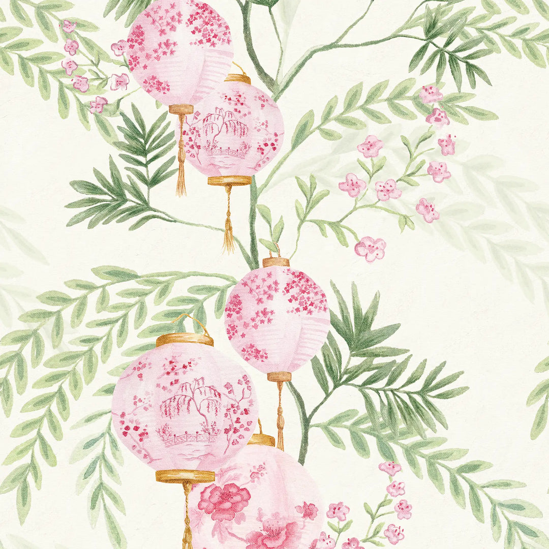 Palace Garden Wallpaper in Pink on Cream