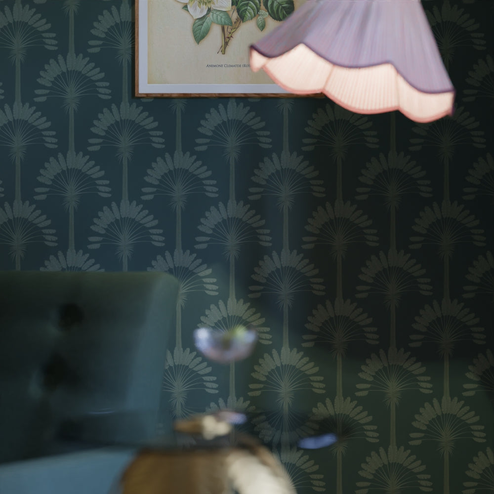 Palmette Wallpaper in Rustic Green on Teal